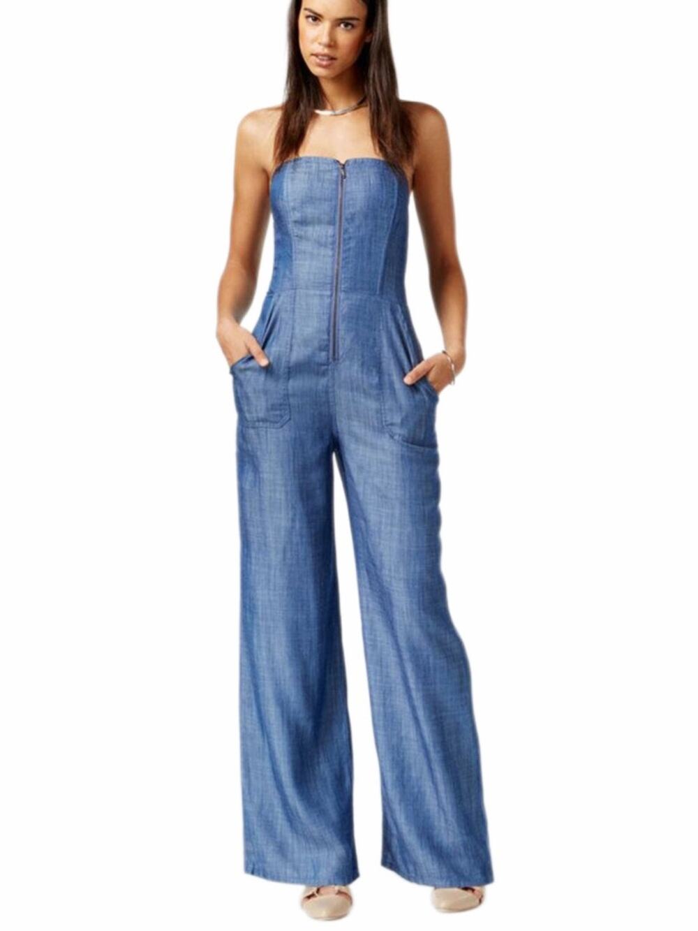 Rachel Roy Lyocell Blue Strapless Denim Jumpsuit Front Zip and Wide Legs large